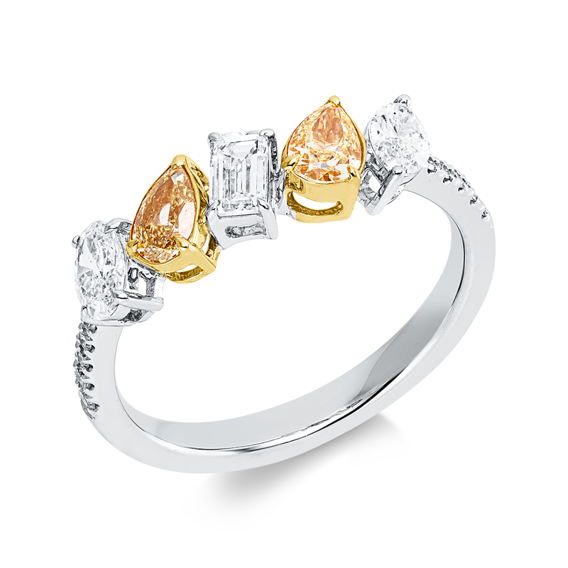 Ring 18k W+G,1 Nav.0,18ct,1 Oval 0,18ct,1 Sm.schliff 0,19ct,10 Brill.0,07ct,TW-si,2 Tropfen 0,48ct,gelb