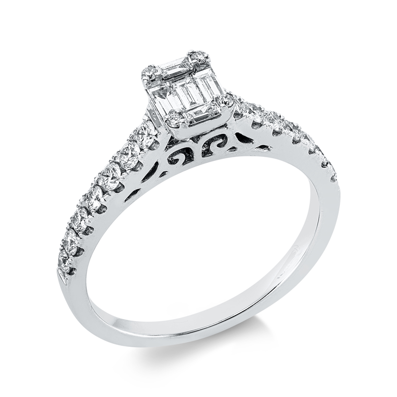 Ring 18 kt WG, 5 Bag. 0,22 ct, TW-vs/si 12 Brill. 0,39 ct, 2 Brill. 0,06 ct, 4 Brill. 0,03 ct, TW-si