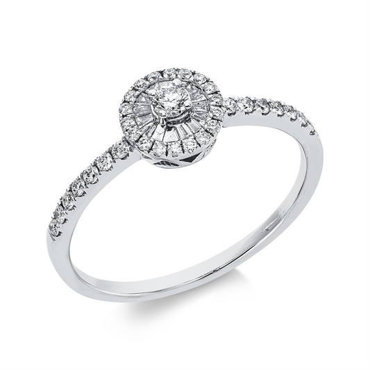 Ring 18 kt WG, 1 Brill. 0,07 ct, 14 Brill. 0,13 ct, 18 Brill. 0,07 ct, TW-si, 15 Trap. 0,07 ct, TW-vsi/si