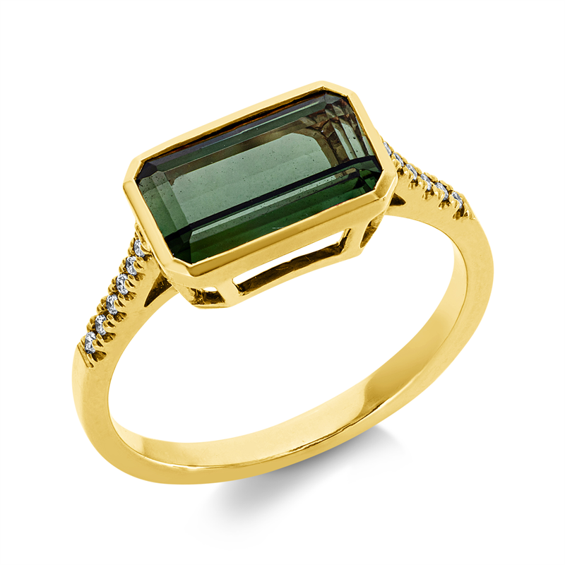 Ring 18 kt GG, 12 Brill. 0,06 ct, TW-si, 1 Turmalin 2,00 ct grün