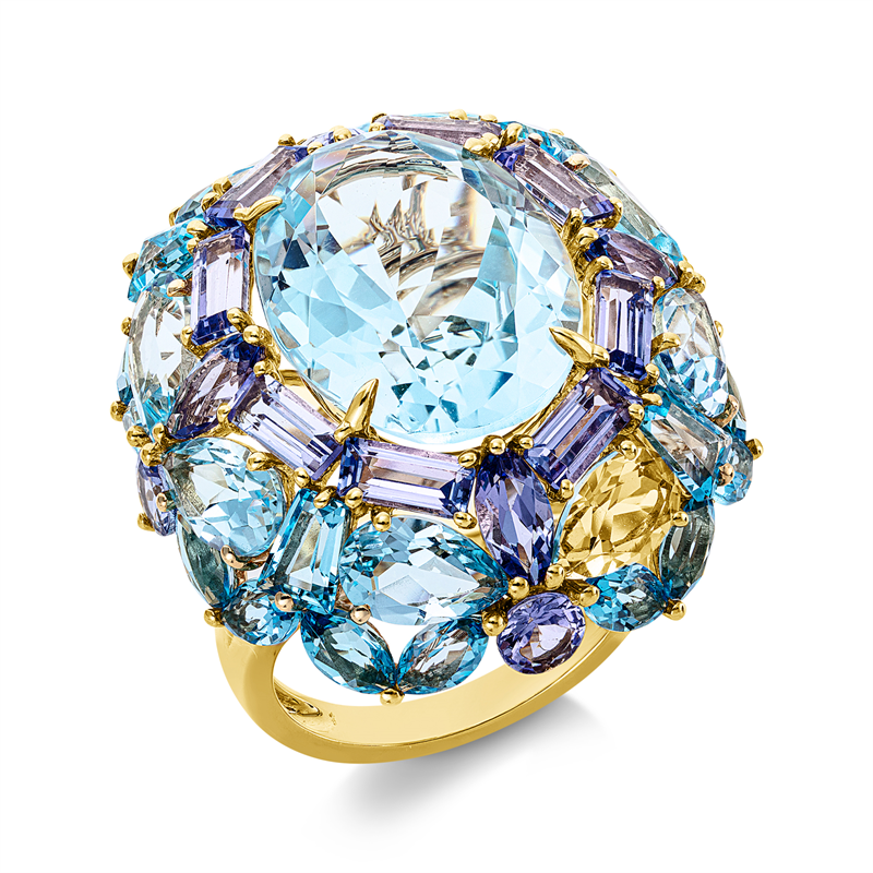 Ring 18 kt GG, 16 Tansanit 4,70 ct blau, 8 Topase 5,90 ct sky blue, 16 Topase 3,60 ct Swiss blue, 4 Topase 1,30 ct Swiss blue, 1 Aquamarin 9,71 ct blau