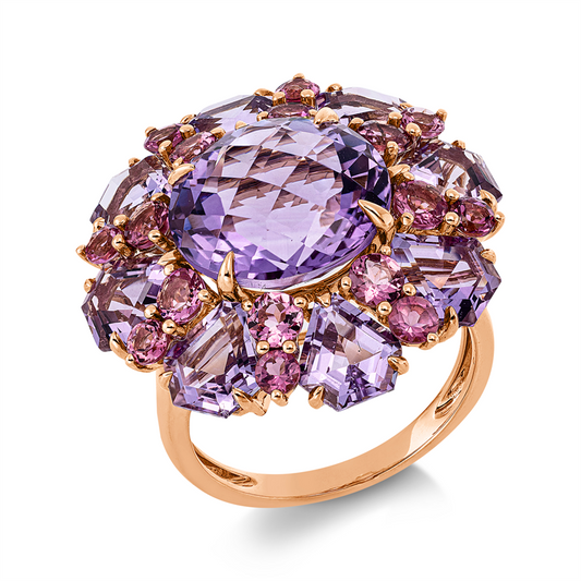 Ring 18 kt RG, 8 Amethyste 5,70 ct pink, 16 Turmalin 1,60 ct pink, 1 Amethyst 6,30 ct pink