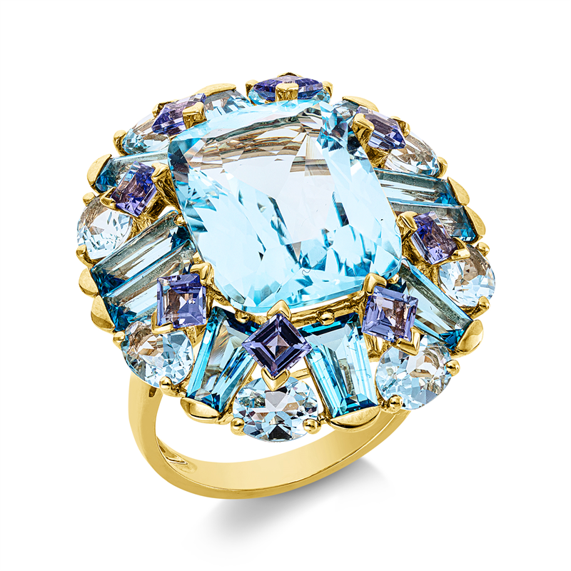 Ring 18 kt GG, 9 Top 16,20 ct sky blue, 10 Top 5,00 ct Swiss blue, 8 Tan 1,50 ct blau