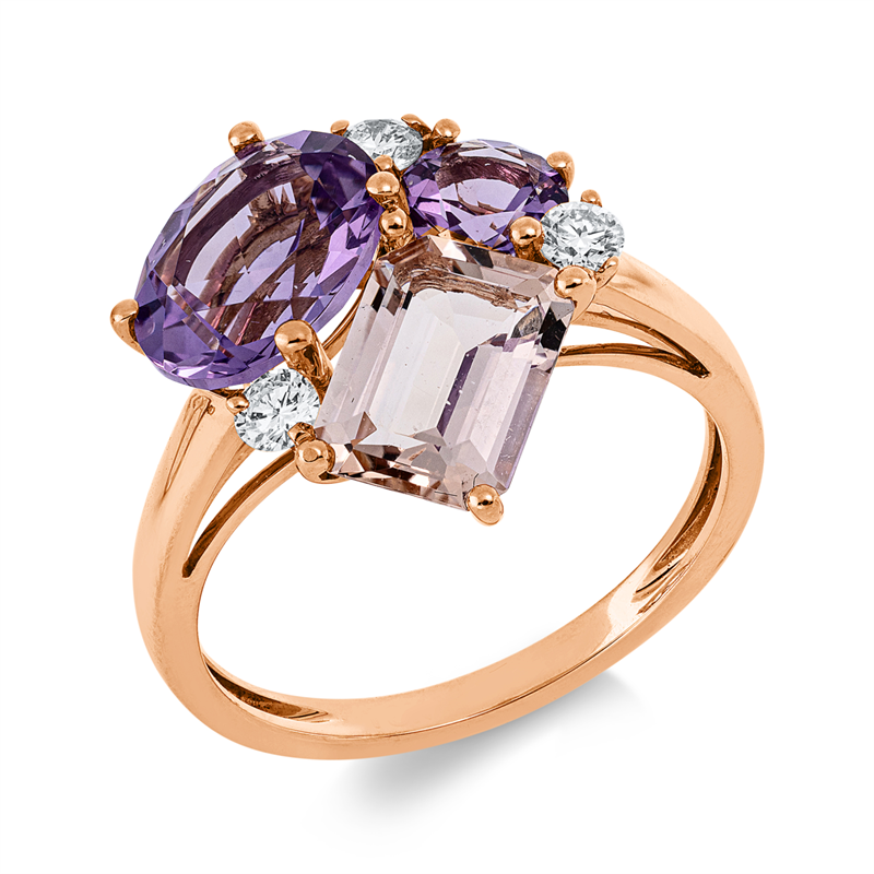Ring 18 kt RG, 3 Brill. 0,15 ct, TW-si, 2 Amethyst 2,30ct pink, 1 Morganit 1,60 ct rosa