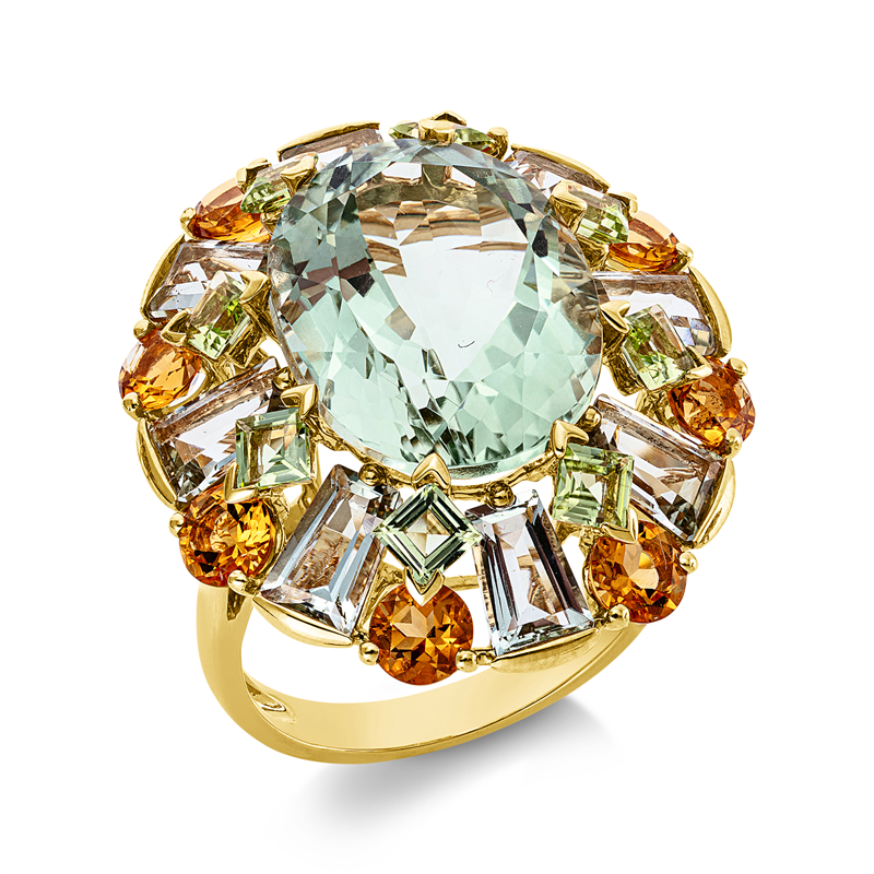 Ring 18 kt GG, 8 Amethyste 3,20 ct grün, 8 Citrin 1,90 ct orange, 8 Peridot 1,40 ct grün, 1 Amethyst 9,50 ct grün