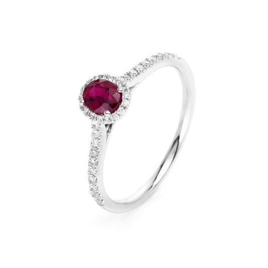 Ring 18 kt WG, 36 Brill. 0,21 ct, TW-si, 1 Rubin 0,38 ct rot