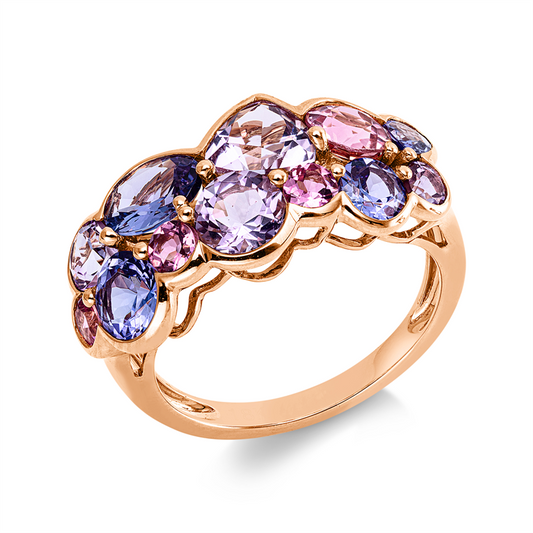 Ring 18 kt RG, 4 Tansanit 2,00 ct blau, 4 Amethyste 1,70 ct pink, 4 Turmalin 1,00 ct pink
