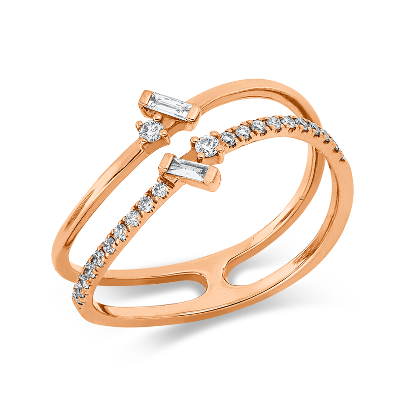 Ring 18 kt RG, 22 Brill. 0,12 ct, TW-si, 2 Bag. 0,04 ct, TW-si