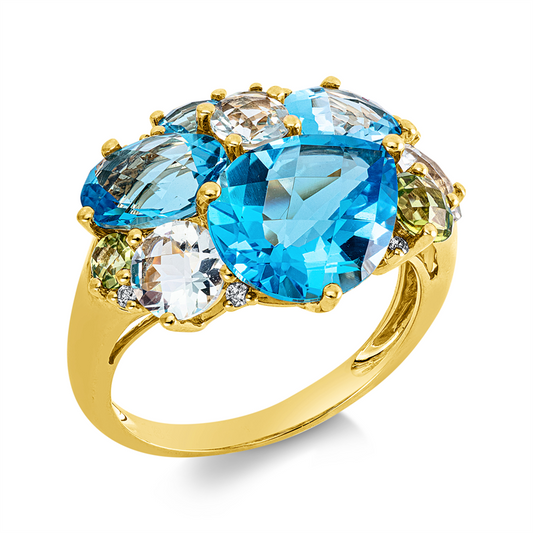 Ring 18 kt GG, 6 Brill. 0,05 ct, TW-si, 6  Fant-Schl  1,80 ct multi-color, 4 Topas 7,30 ct blau