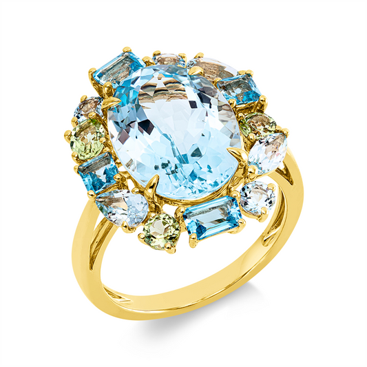 Ring 18 kt GG,4 Top 1,00 ct blau,6 Top 1,30 ct sky blue,1 Top 7,50 ct sky blue,3 Peri 0,50 ct grün