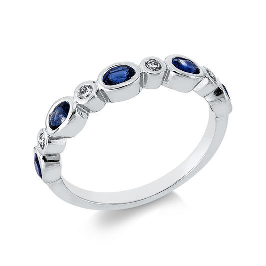 Ring 18 kt WG, 5 Saphire 0,64 ct blau, 4 Brill. 0,08 ct, TW-si