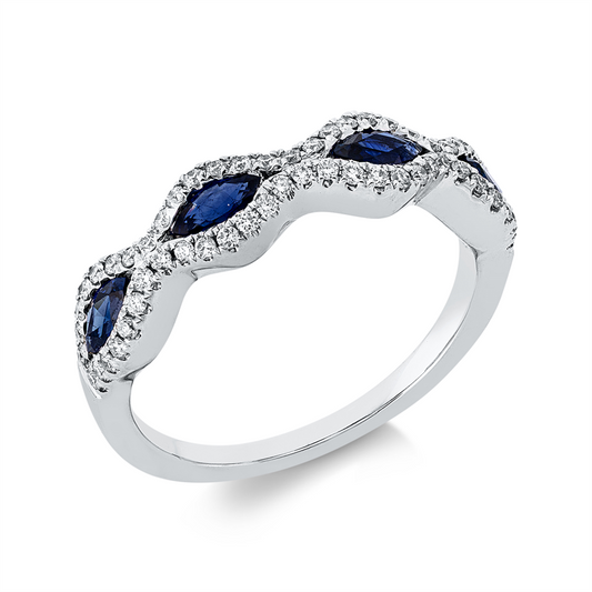 Ring 18 kt WG, 4 Saphire 0,52 ct blau, 58 Brill. 0,30 ct, TW-si