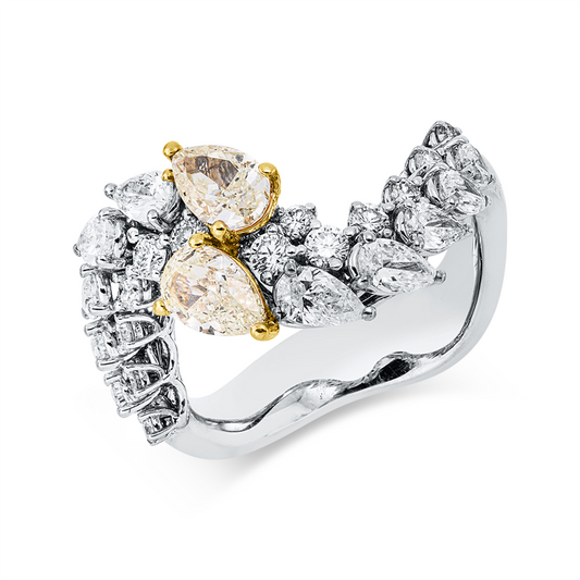 Ring 18 kt WG+GG, 10 Tropfen 1,12 ct, E-vsi/si, 14 Brill. 0,42 ct, E-vsi/si, 2 Tropfen 1,02 ct, gelb