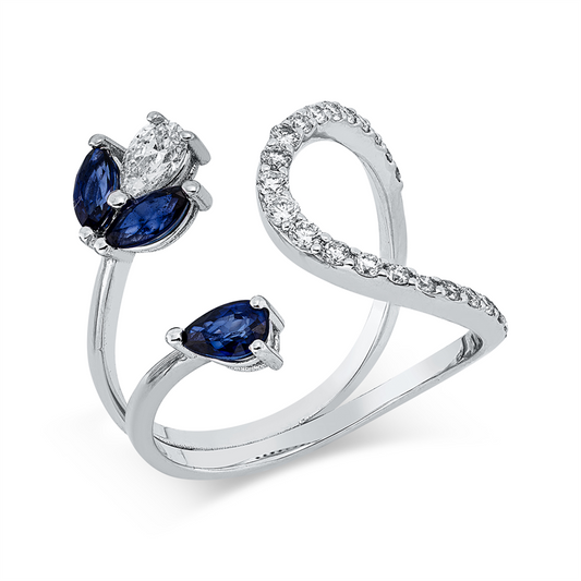 Ring 18 kt WG, 1 Tropfen 0,21 ct, E-vsi/si, 23 Brill. 0,29 ct, E-vsi/si, 3 Saphire 0,70 ct blau