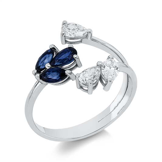 Ring 18 kt WG, 2 Tropfen 0,39 ct, E-vsi/si, 1 Nav. 0,19 ct, E-vsi/si, 3 Saphire 0,59 ct blau