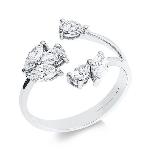 Ring 18 kt WG, 3 Tropfen 0,42 ct, E-vsi/si, 3 Nav. 0,57 ct, E-vsi/si