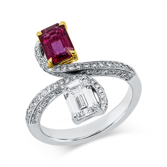 Ring 18 kt WG+GG, GIA_1 Sm.schliff 0,92 ct, F-vvs2, , 76 Brill. 0,60 ct, D/TW-vsi/si, 1 Rubin 1,04 ct rot