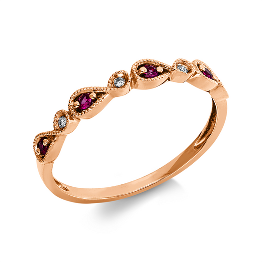 Ring 18 kt RG, 4 Brill. 0,02 ct, TW-si, 4 Rubine 0,10 ct rot