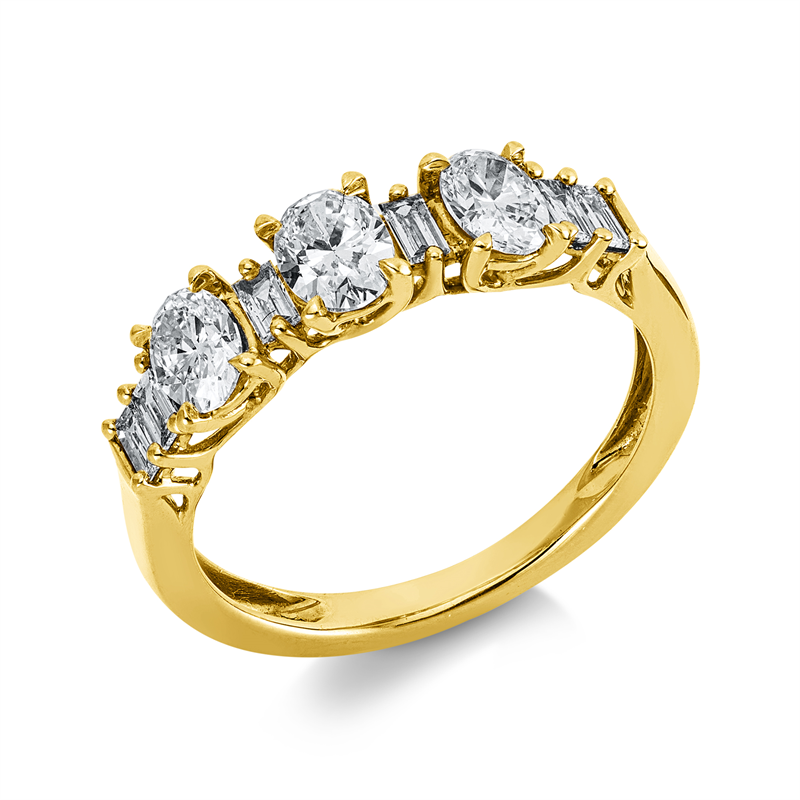 Ring 18 kt GG, 3 Oval 0,77 ct, W-si, 6 Bag. 0,20 ct, TW-si