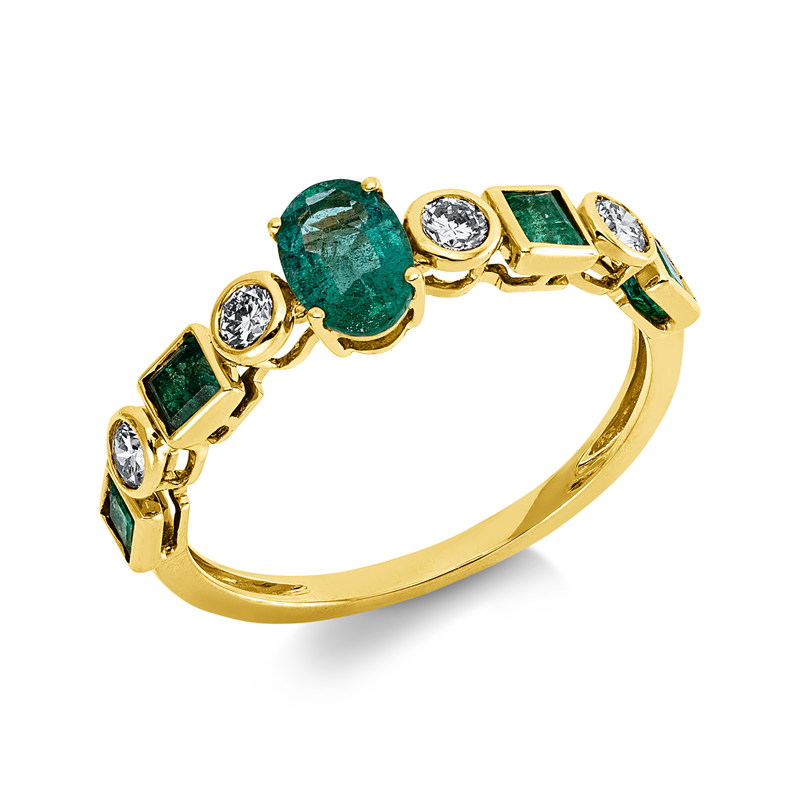 Ring 18 kt GG, 4 Brill. 0,28 ct, TW-si, 1 Smaragd 0,50 ct grün, 4 Smaragde 0,54 ct grün