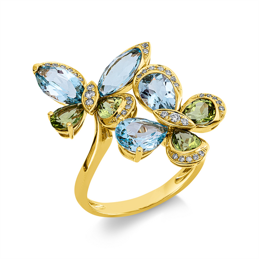Ring 18 kt GG, 38 Brill. 0,18 ct, TW-si, 4 Topase 4,20 ct sky blue, 4 Peridot 1,60 ct grün