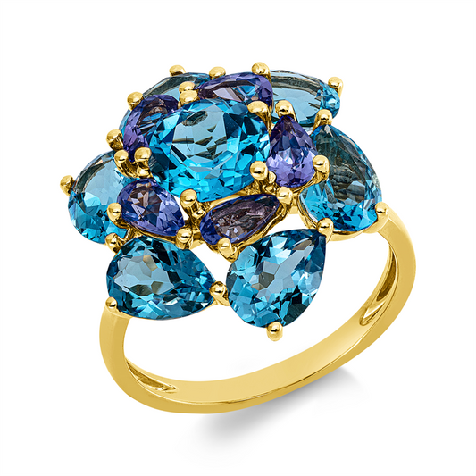 Ring 18 kt GG, 6 Topase 5,00 ct blau, 1 Topas 1,70 ct blau, 5 Tansanit 1,00 ct blau
