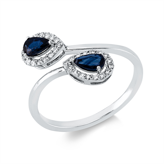 Ring 18 kt WG, 32 Brill. 0,16 ct, TW-si, 2 Saphire 0,55 ct blau