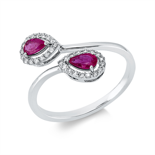 Ring 18 kt WG, 32 Brill. 0,16 ct, TW-si, 2 Rubine 0,44 ct rot