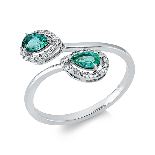Ring 18 kt WG, 32 Brill. 0,16 ct, TW-si, 2 Smaragde 0,40 ct grün