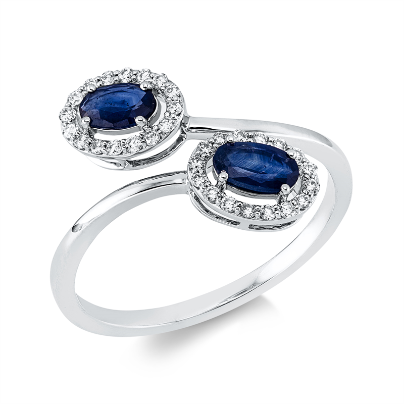 Ring 18 kt WG, 32 Brill. 0,16 ct, TW-si, 2 Saphire 0,54 ct blau