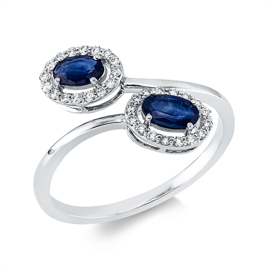 Ring 18 kt WG, 32 Brill. 0,16 ct, TW-si, 2 Saphire 0,54 ct blau