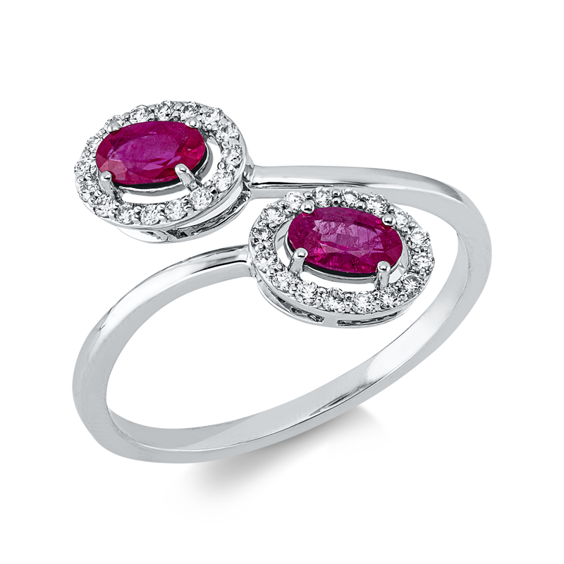 Ring 18 kt WG, 32 Brill. 0,16 ct, TW-si, 2 Rubine 0,51 ct rot