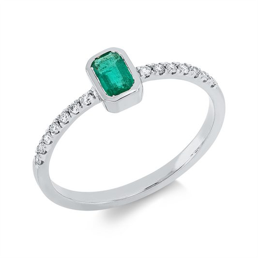 Ring 18 kt WG, 14 Brill. 0,13 ct, TW-si, 1 Smaragd 0,30 ct grün