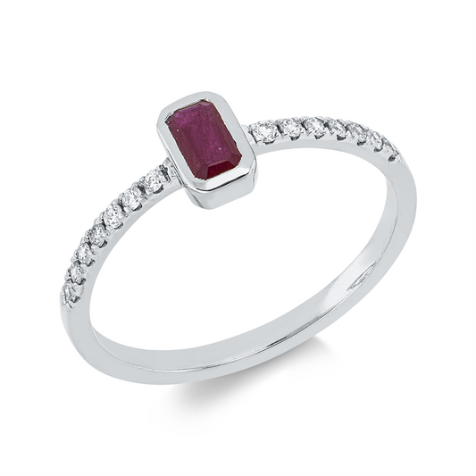 Ring 18 kt WG, 14 Brill. 0,13 ct, TW-si, 1 Rubin 0,31 ct rot