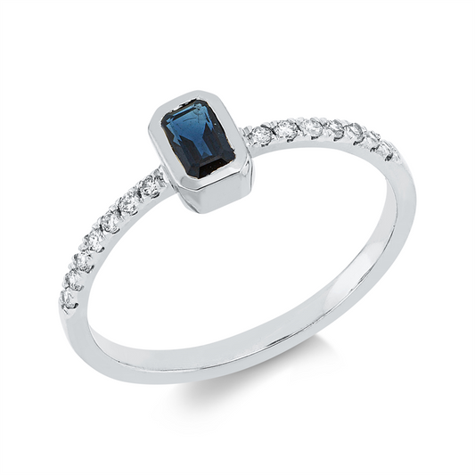 Ring 18 kt WG, 14 Brill. 0,13 ct, TW-si, 1 Saphir 0,32 ct blau