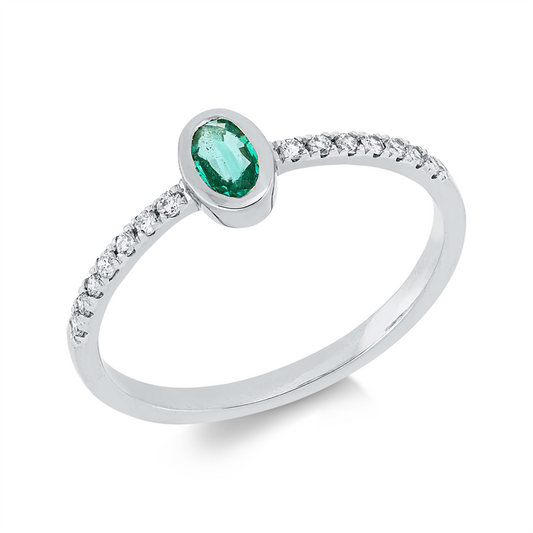 Ring 18 kt WG, 14 Brill. 0,13 ct, TW-si, 1 Smaragd 0,23 ct grün