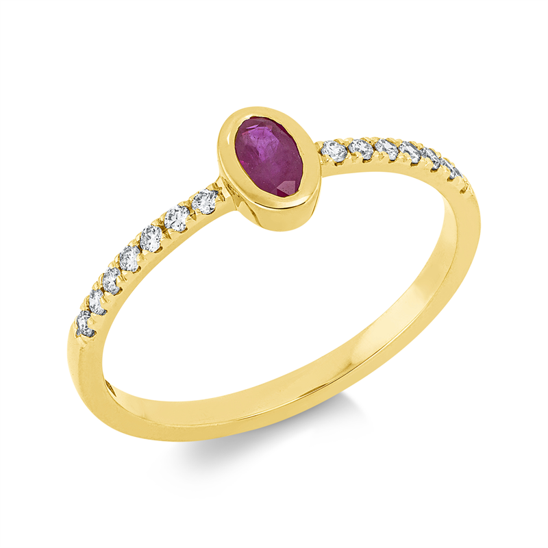 Ring 18 kt GG, Fassung rhodiniert, 14 Brill. 0,13 ct, TW-si, 1 Rubin 0,26 ct rot
