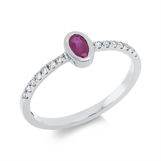 Ring 18 kt WG, 14 Brill. 0,13 ct, TW-si, 1 Rubin 0,20 ct rot