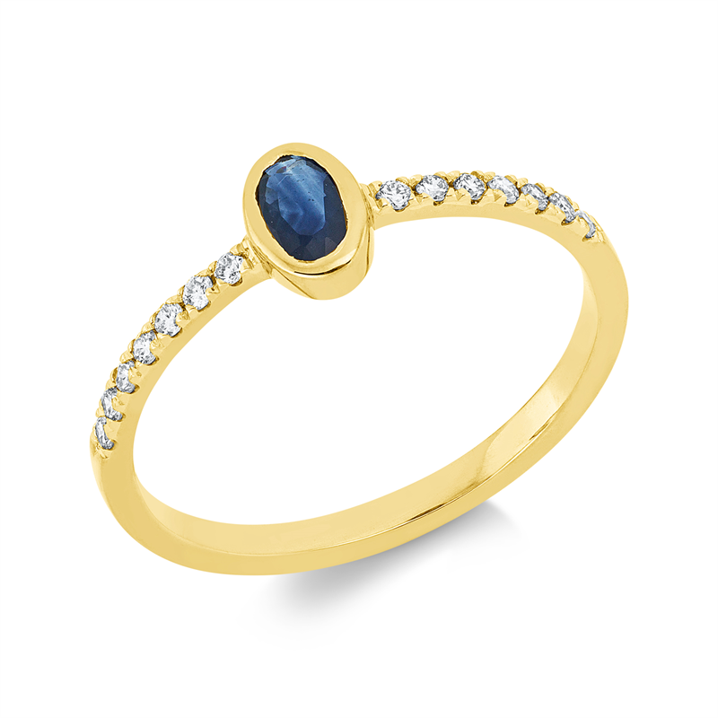 Ring 18 kt GG, Fassung rhodiniert, 14 Brill. 0,13 ct, TW-si, 1 Saphir 0,25 ct blau
