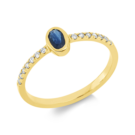 Ring 18 kt GG, Fassung rhodiniert, 14 Brill. 0,13 ct, TW-si, 1 Saphir 0,25 ct blau