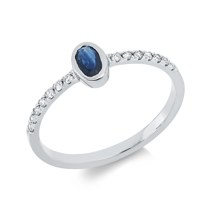 Ring 18 kt WG, 14 Brill. 0,13 ct, TW-si, 1 Saphir 0,26 ct blau