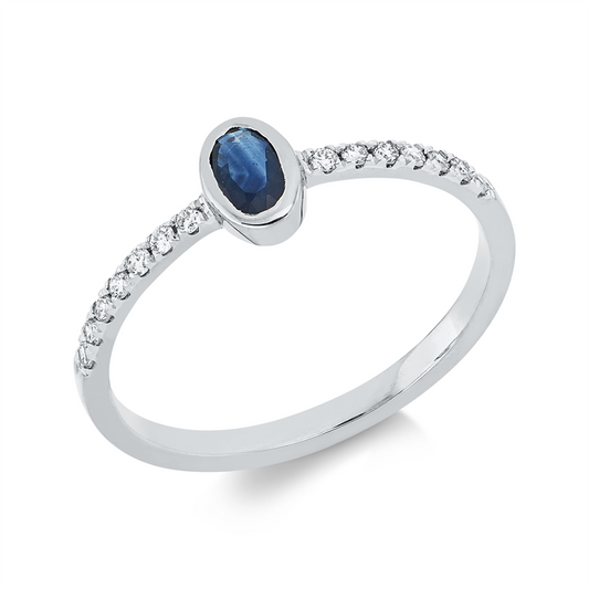 Ring 18 kt WG, 14 Brill. 0,13 ct, TW-si, 1 Saphir 0,26 ct blau