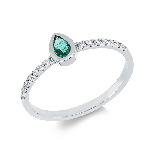 Ring 18 kt WG, 14 Brill. 0,13 ct, TW-si, 1 Smaragd 0,23 ct grün