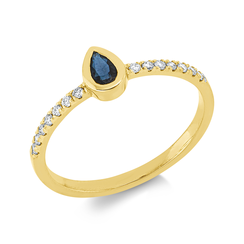 Ring 18 kt GG, Fassung rhodiniert, 14 Brill. 0,13 ct, TW-si, 1 Saphir 0,23 ct blau