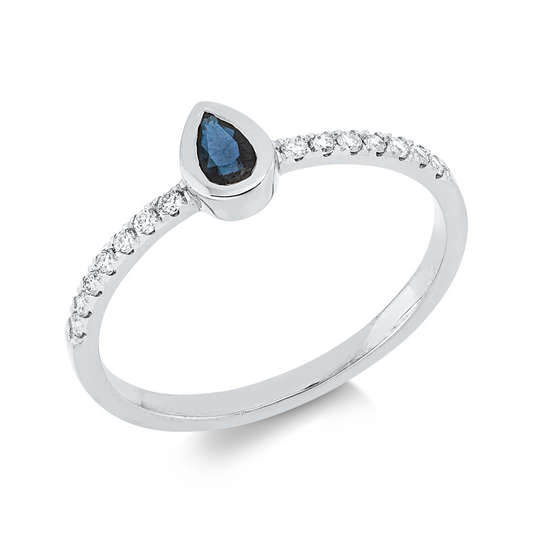 Ring 18 kt WG, 14 Brill. 0,13 ct, TW-si, 1 Saphir 0,29 ct blau