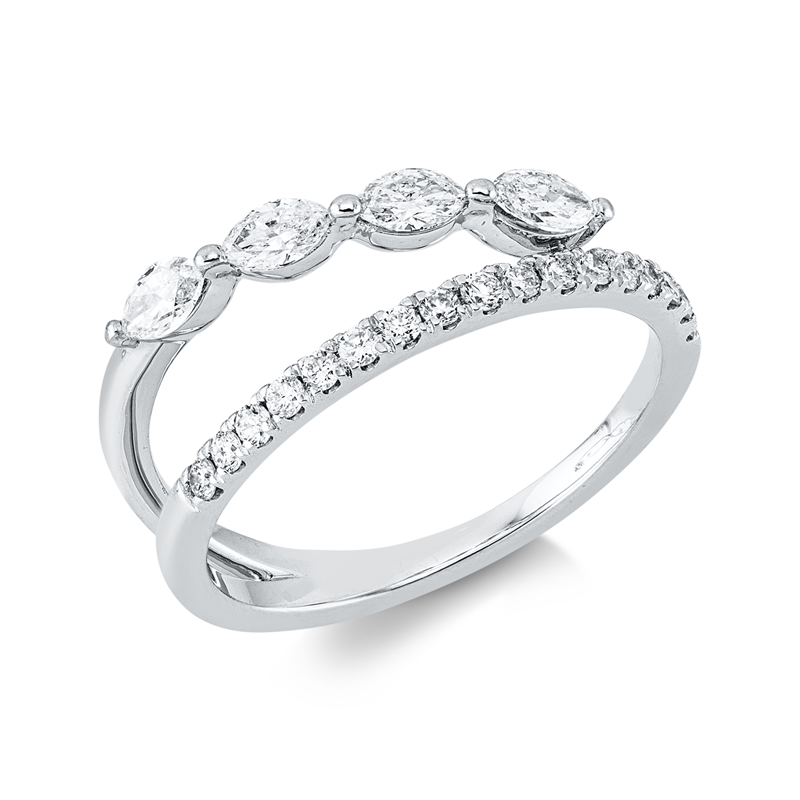 Ring 18 kt WG, 4 Nav. 0,38 ct, TW-si, 17 Brill. 0,22 ct, TW-si