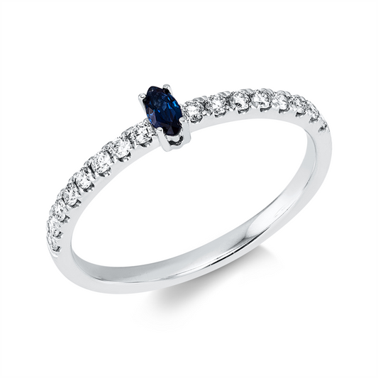 Ring 18 kt WG, 16 Brill. 0,23 ct, W-si, 1 Saphir 0,11 ct blau