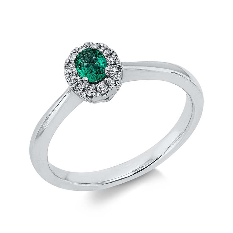 Ring 18 kt WG, 12 Brill. 0,09 ct, TW-vsi, 1 Smaragd 0,16 ct grün