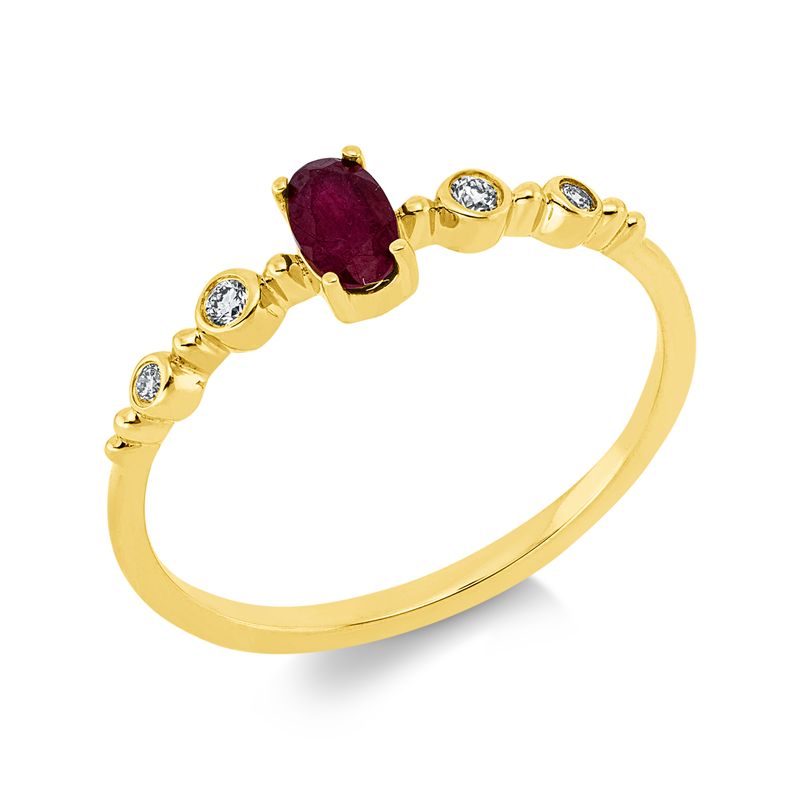 Ring 18 kt GG, 2 Brill. 0,03 ct, TW-si, 2 Brill. 0,02 ct, TW-si, 1 Rubin 0,28 ct rot