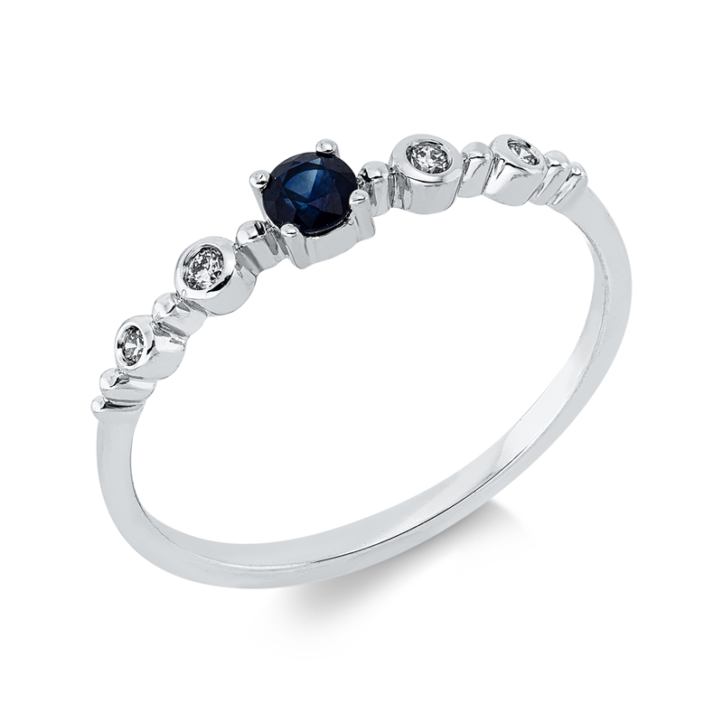 Ring 18 kt WG, 2 Brill. 0,03 ct, TW-si, 2 Brill. 0,02 ct, TW-si, 1 Saphir 0,27 ct blau
